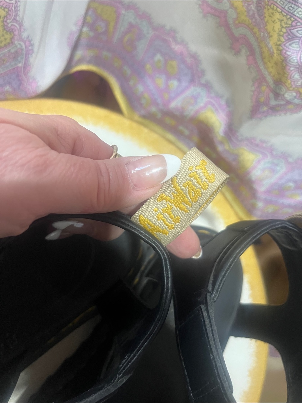 Dr. Martens Black Leather Sandals with Yellow Heel Loop - Picture 2 of 5